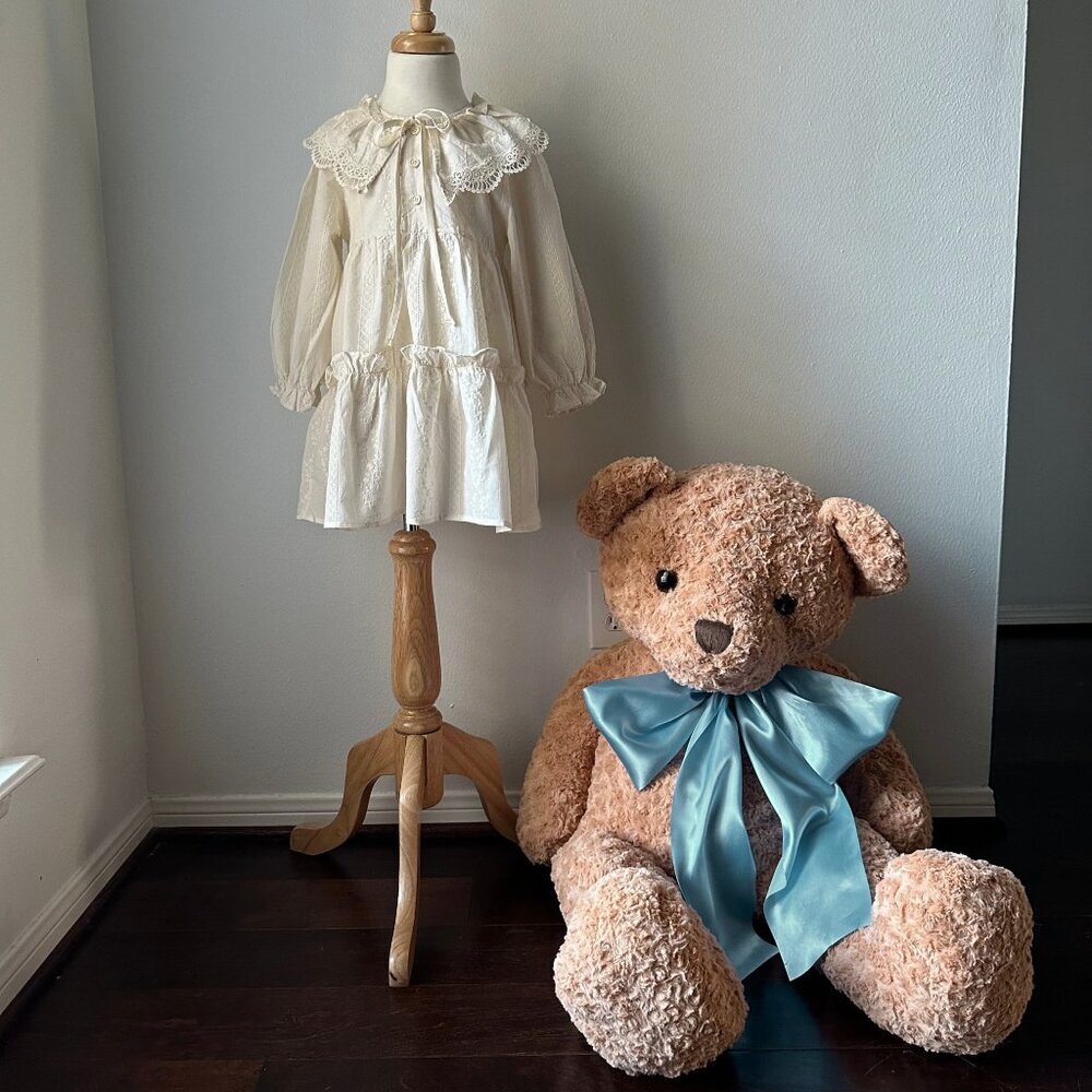 NWT Pretty Girls Eyelet Embroidered Lace Bib Collar Long Sleeve Dress Cream 4T - Picture 4 of 4